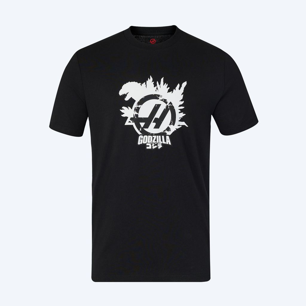 Godzilla x Haas Team &F1 Hass Godzilla & F1 Hass Fleet ปริมณฑลพิมพ์ เสื้อยืดคอกลมพิมพ์ลายผ้าฝ้าย สวม