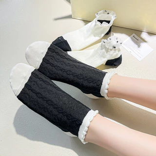 🌸พร้อมส่งในไทย🧦ถุงเท้าผู้หญิงสไตล์เกาหลี ขาวดำ น่ารัก ผูกโบว์ นุ่มใส่สบาย