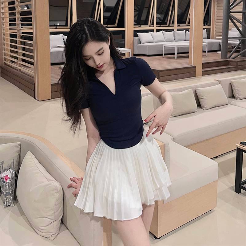 Korean Style Women's Golf Polo Shirt Short-Sleeved T-shirt Pleated Skirt Suit Tennis Badminton Anti-