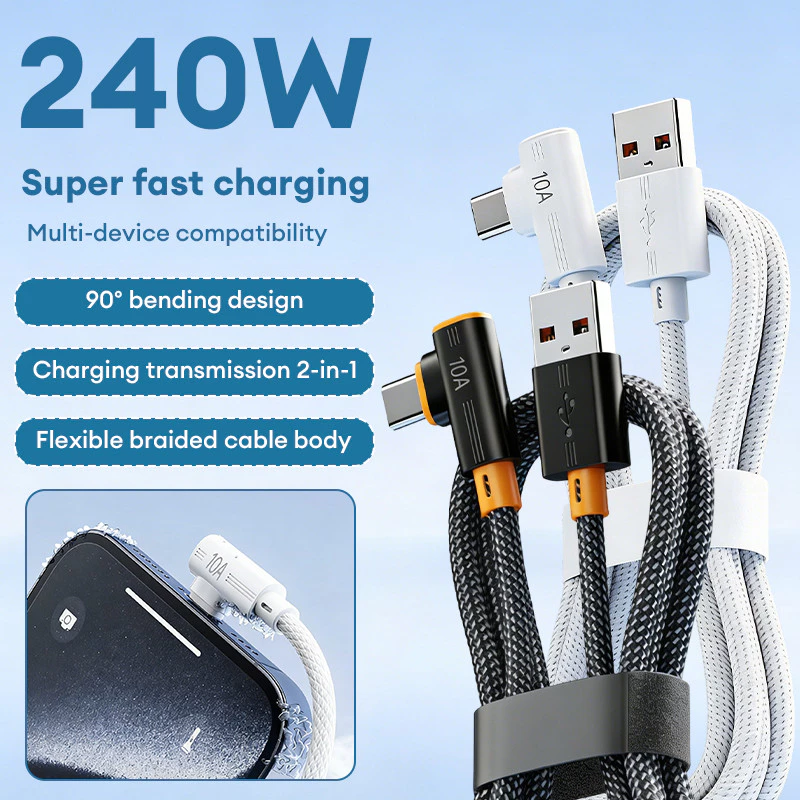240W 10A สายชาร์จ USB to Type-C ชาร์จเร็วพิเศษ หัวงอ 90° สายเคเบิลข้อมูลแบบถักเหมาะสำหรับชาร์จมือถือ และอุปกรณ์หลากหลาย