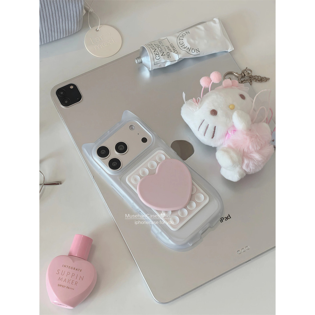 สไตล์เกาหลี อิน ความรู้สึกโบราณหูแมวเคสใสสร้างสรรค์ถ้วยดูดกระจกขนาดเล็กเหมาะสําหรับ17โปรแม็กซ์เคสโทรศัพท์16เคสนิ่ม15โปรแม็กซ์คู่14เคส