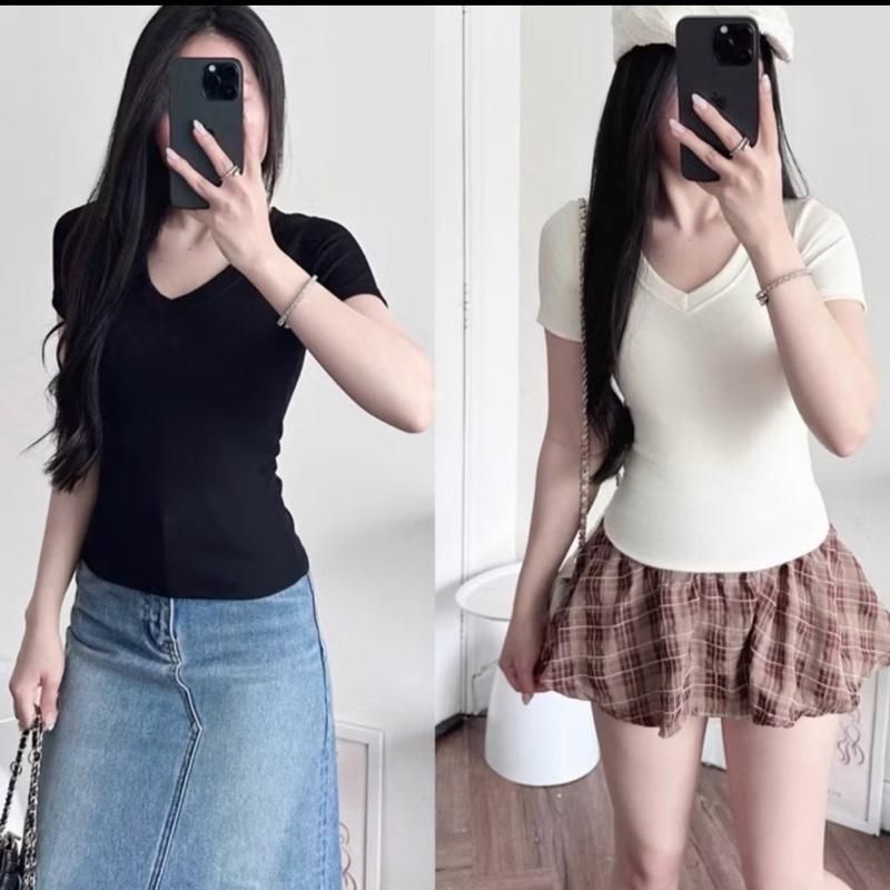 A66g ผู้หญิงธรรมดาเสื้อยืดคอเต่าแขนสั้นสีสันแฟชั่น Ribbed เสื้อยืดภายใต้ 54 กก