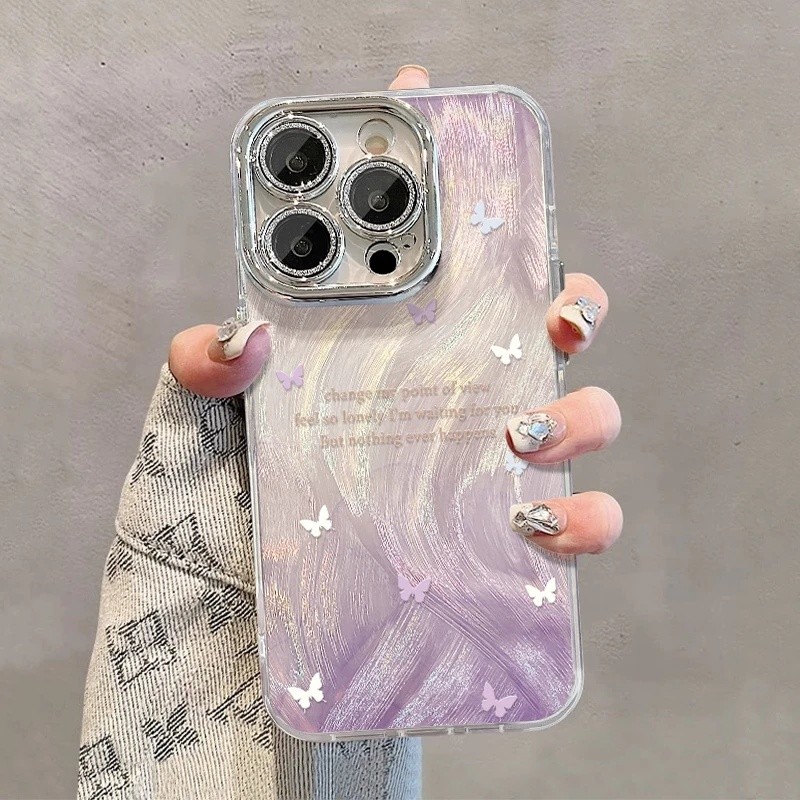 เคสไอโฟน สำหรับ IPhone 13 16 17 Air 15 11 12 14 Pro Max XR Max 7 8 Plus ผีเสื้อสีม่วง เปลือกรูละเอียดขนนก JKYS015A