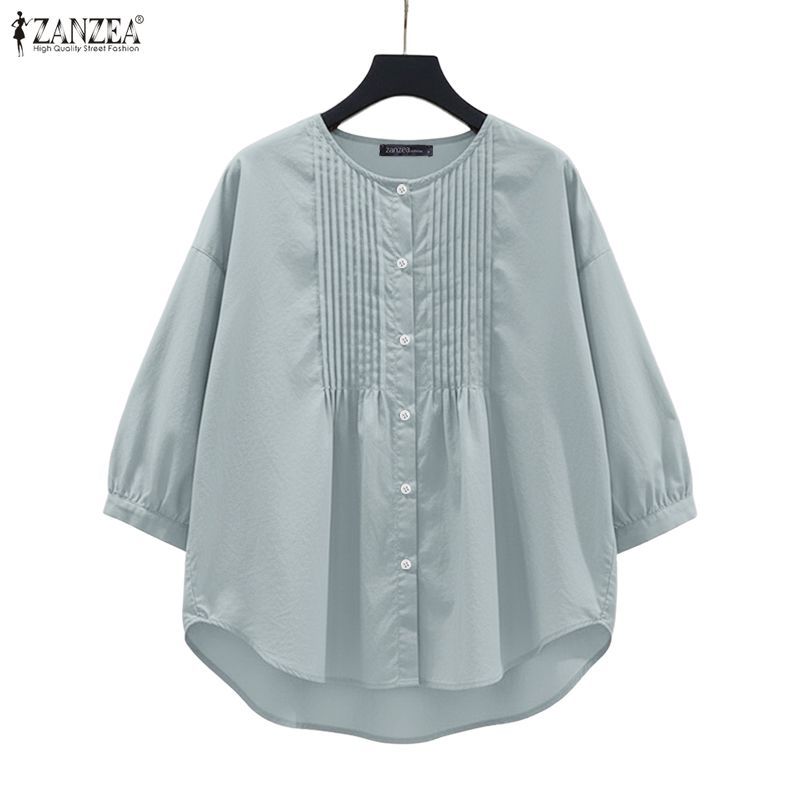 เสื้อเชิ้ตแขนกุด 3/4 คอกลมปักกระดุมเรียบร้อย สไตล์เกาหลี