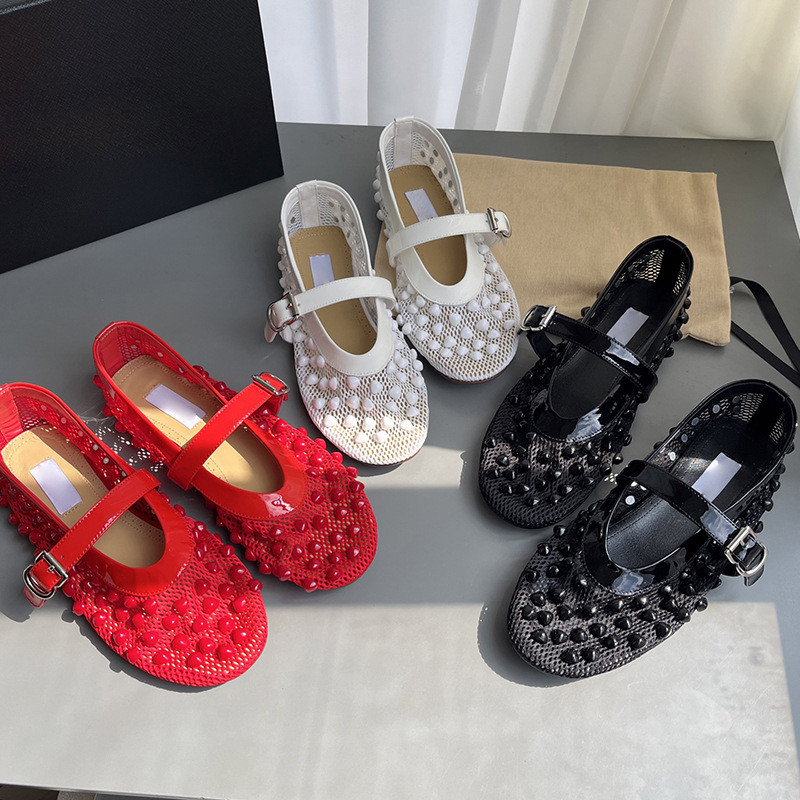 XQXV Alaia 2025Spring and summer mesh beaded Mary Jane shoes for women, fashionable retro round-toe 