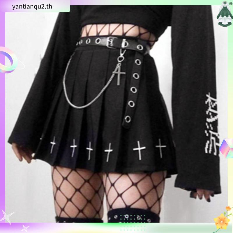NEy2k Women High Waist Gothic Punk Mini Skirts, Ladies Cross Pattern Mini Pleated Skirt