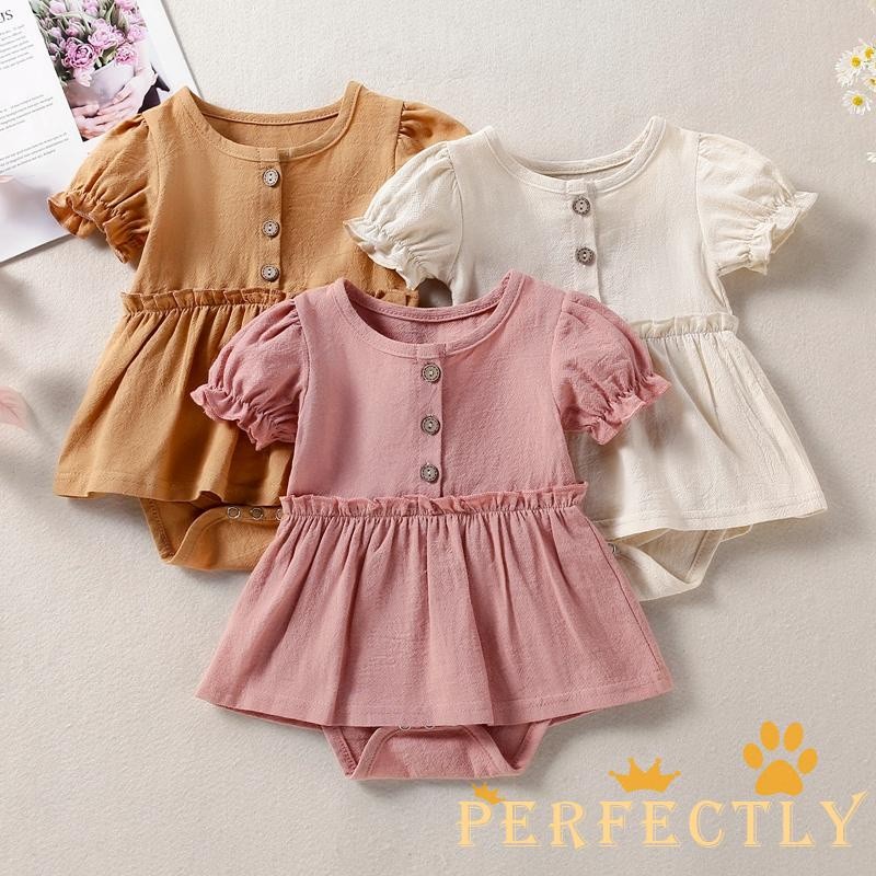 TA1 PFT-Bab ชุดรอมเปอร์แขนสั้นเด็กผู้หญิง,สีทึบปุ่มรอบคอ Patchwork สไตล์ Playsuit, Casual Simple Bod