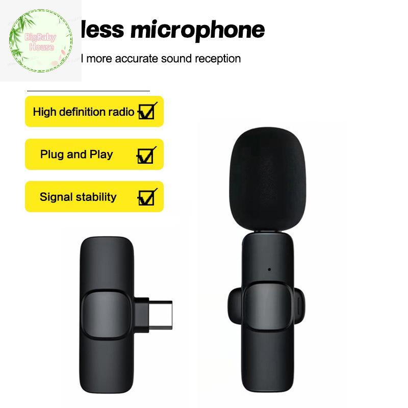 BigBabyHouse ไมโครโฟนไร้สายแบบหนีบเสื้อ K9 Type-C 1-to-1 ไมโครโฟนไร้สายสําหรับการบันทึกสมาร์ทโฟน Pod