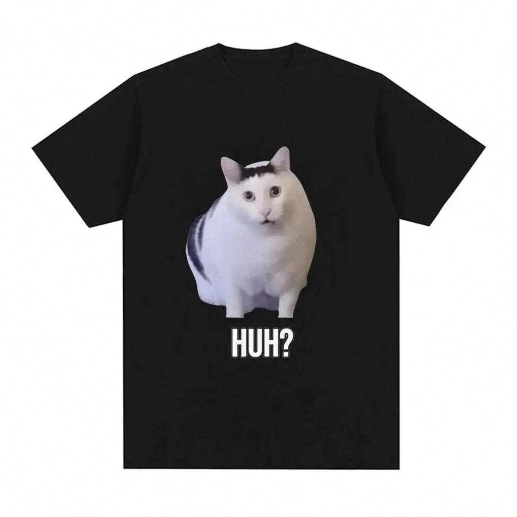 Cat Saying Huh? Funny Meme T-shirt Men Women 100% Cotton Breathable  Oversized T Shirts Fashion Tee 