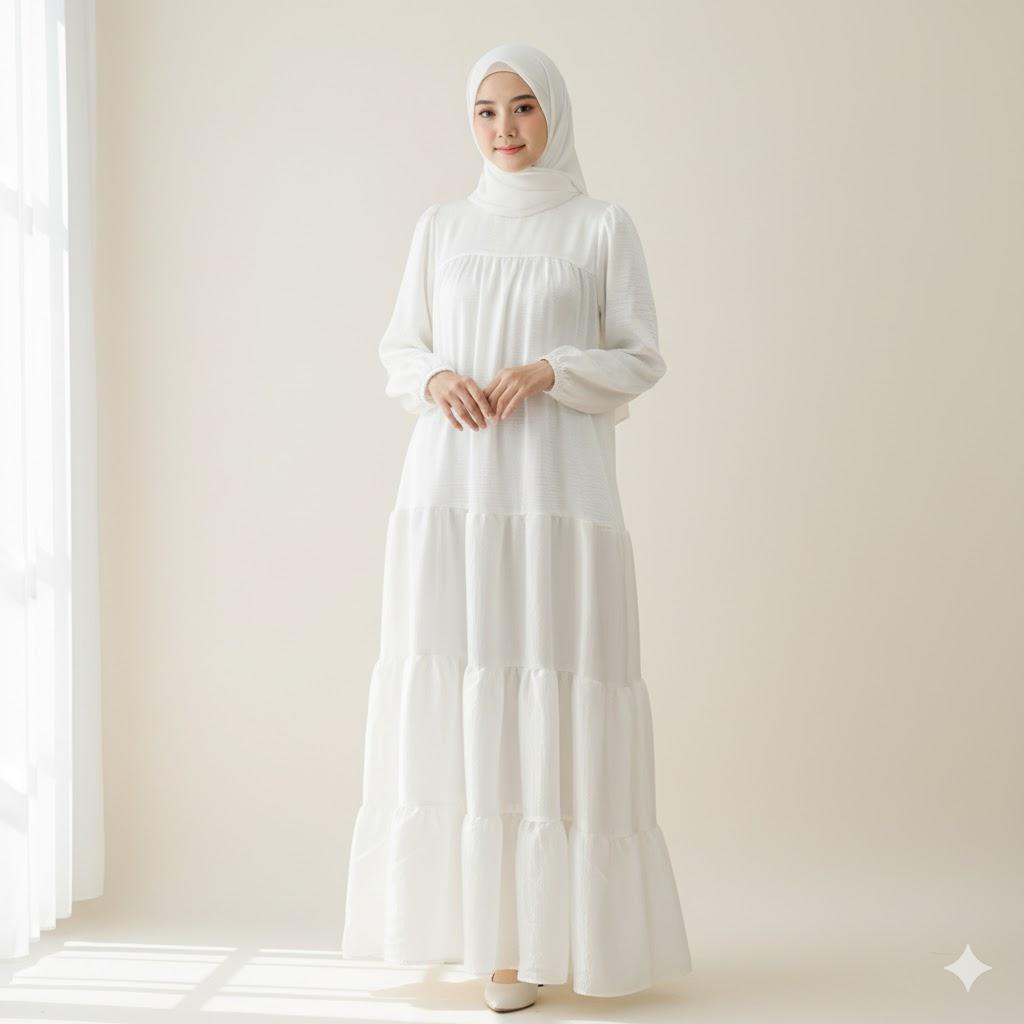 Gamis Shine Shimmer Silk แขนยืดหยุ่นธรรมดาชุดสตรีมุสลิมสีขาวหัก