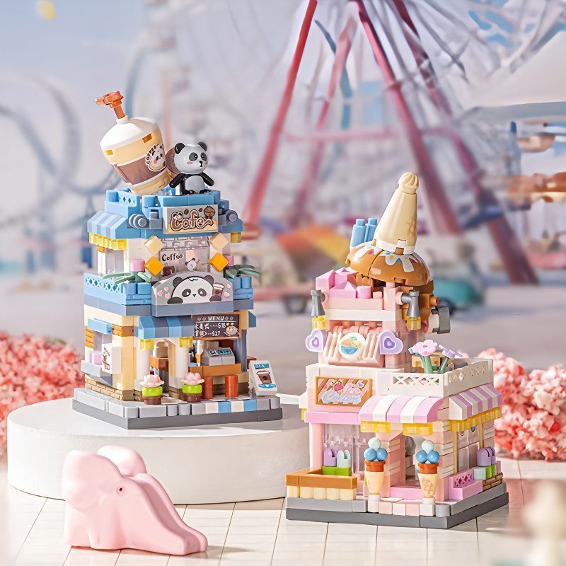 LOZ/Lizhi Building Blocks Micro Drill Small Street Scene Ice Cream Shop Photo Studio Full Set Educat