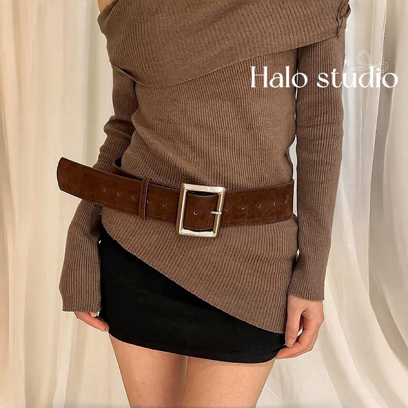 Halo studio พร้อมส่ง เข็มขัดหนังกลับสไตล์เกาหลี รุ่นใหม่ปี คุณภาพสูง สีพื้นเรียบ ช่วยให้ดูผอมเพรียวและกระชับเอว เข็มขัดกว้างสำหรับผู้หญิง