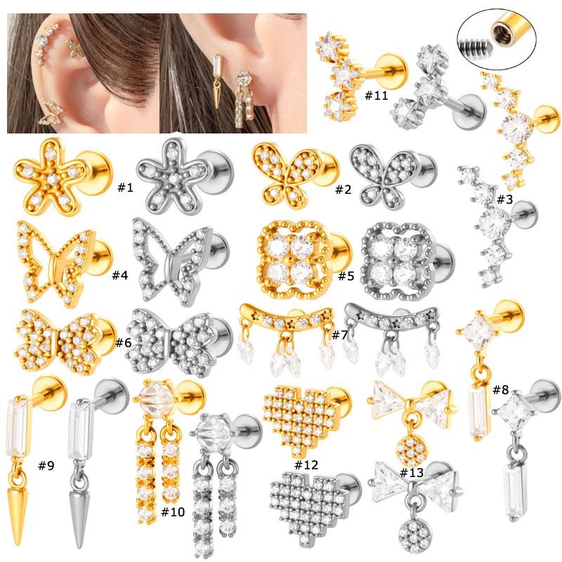 1 ชิ้น/ดาวเดี่ยวผีเสื้อหัวใจ Bowknot รูปร่างกระดูกอ่อน Earrign STUD สแตนเลส Zirconia แบนหัวภายในด้าย 16Gauge Labret Lip Stud หู Helix Pinna Lobe เจาะ