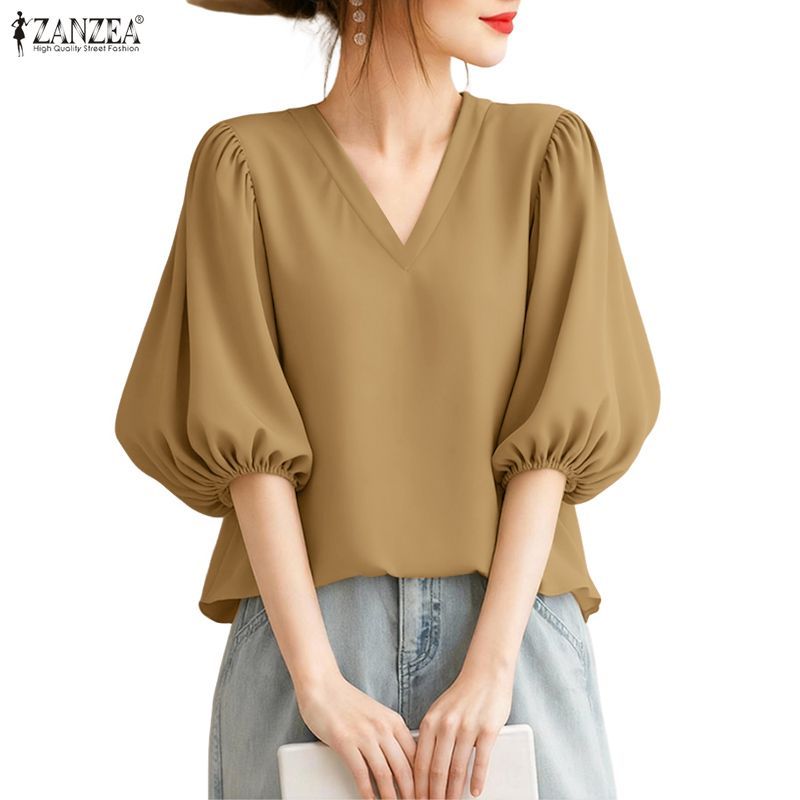 ZANZEA ซานเซีย ผู้หญิงเกาหลีทุกวันลําลองแฟชั่นคอวีแขนพัฟสีทึบจีบเสื้อเรียบง่าย — صورة 7