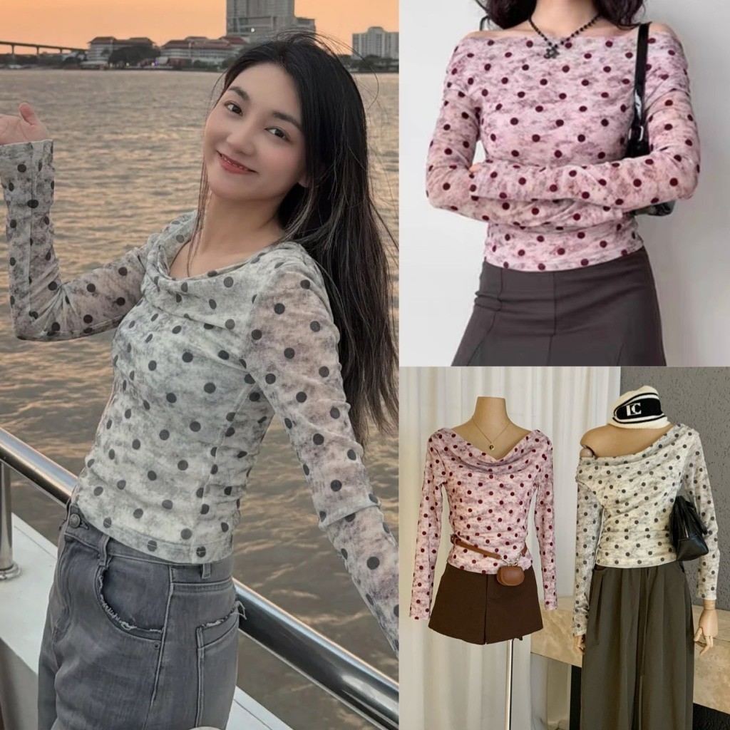 ❤ 🧵 🇰🇷 W8131 เสื้อคอถ่วงแขนยาว ลายจุด ผ้าดีใส่สบาย ทรงสวย  ผ้ายืดหยุ่นได้ดี แฟชั่นเกาหลี TAG WG.WE 🧵🧡