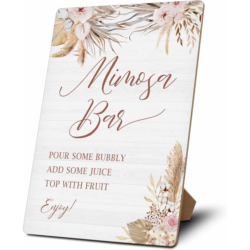 Mimosa Bar Sign, Mimosa Bar Supplies, Pampas Grass Brunch Decor, Boho ดอกไม้ไม้โต๊ะป้ายขาตั้ง, Mimos