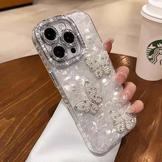 IMD Love เลเซอร์เคสโทรศัพท์สําหรับ iPhone 17 15 16 14 13 12 11 Pro Max แฟชั่น 3D Pearl Butterfly ฝาครอบป้องกัน
