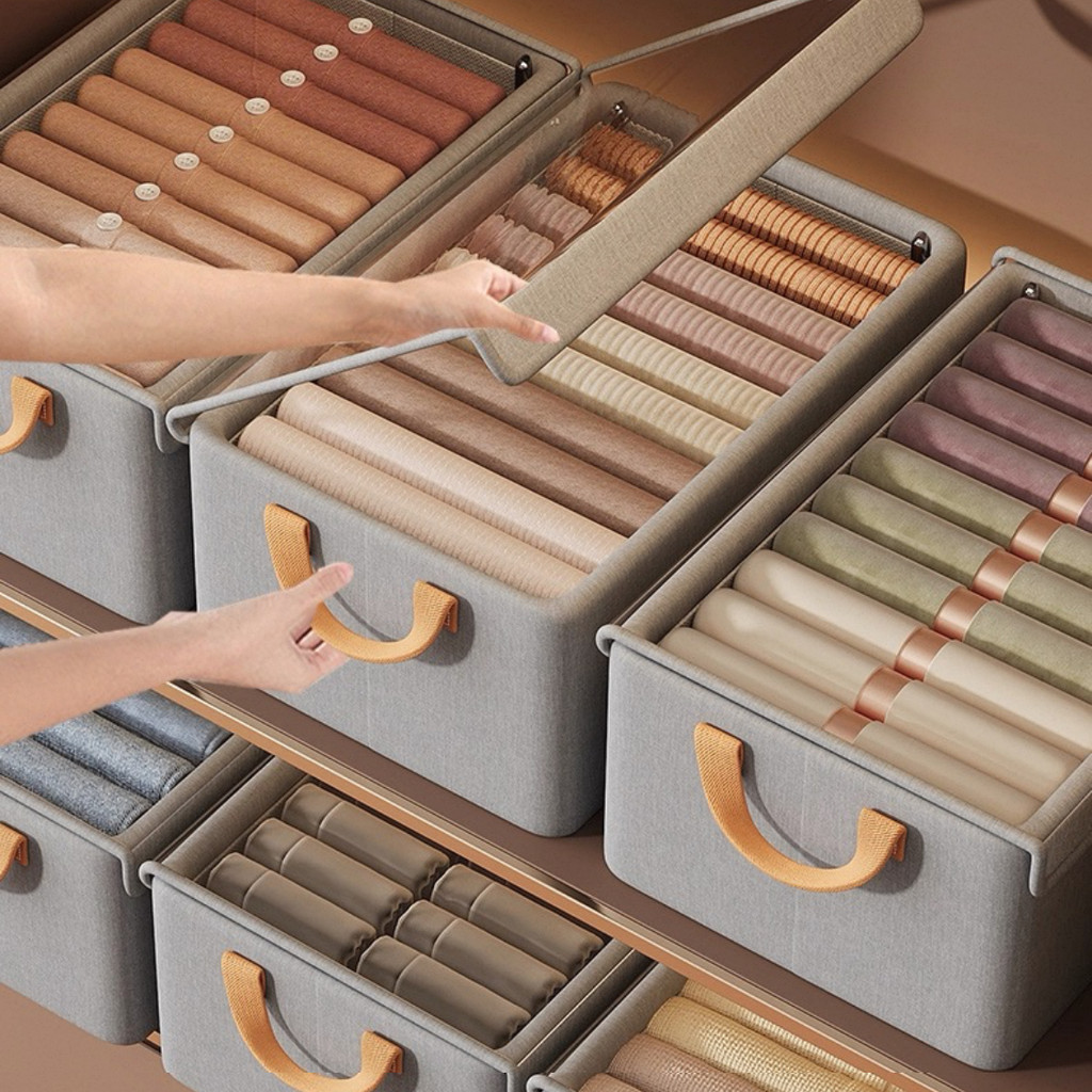 กล่องใส่ของ กล่องใส่ผ้า พับได้ มีฝาปิด กล่องเก็บของโครงเหล็ก ผ้าฝ้ายลินิน ใส่เสื้อผ้า KKHOME - รูปที่ 2