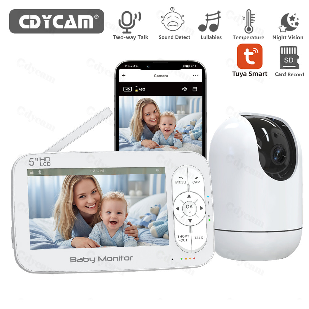 5 "จอแสดงผล WiFi Baby Monitor โทรศัพท์ APP ดูควบคุมด้วย Pan-Tilt-Zoom กล้องวิดีโอ Motion Cry Detection Night Vision Lullaby กล้องอุณหภูมิ