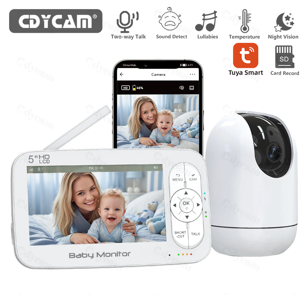 5 "จอแสดงผล WiFi Baby Monitor โทรศัพท์ APP ดูควบคุมด้วย Pan-Tilt-Zoom กล้องวิดีโอ Motion Cry Detection Night Vision Lullaby กล้องอุณหภูมิ