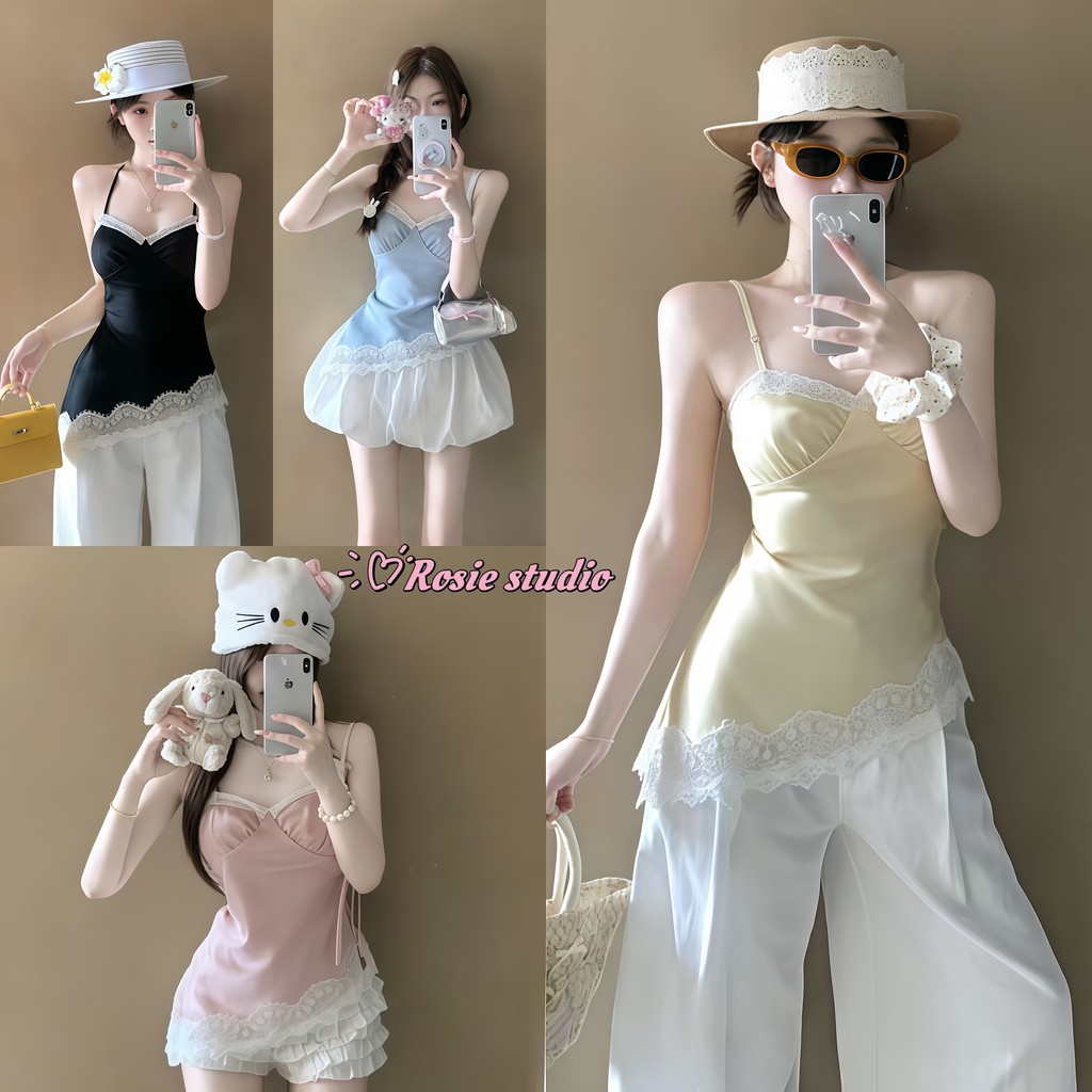 Rosie🌸พร้อมส่ง 🥨เสื้อซาตินลูกไม้สายเดี่ยวทรงเข้ารูปสุดเลิศความพรีเมียมสูง ดีไซน์ผูกหลังชายนุ่มแฟชั่นเซ็กซี่สาวๆ