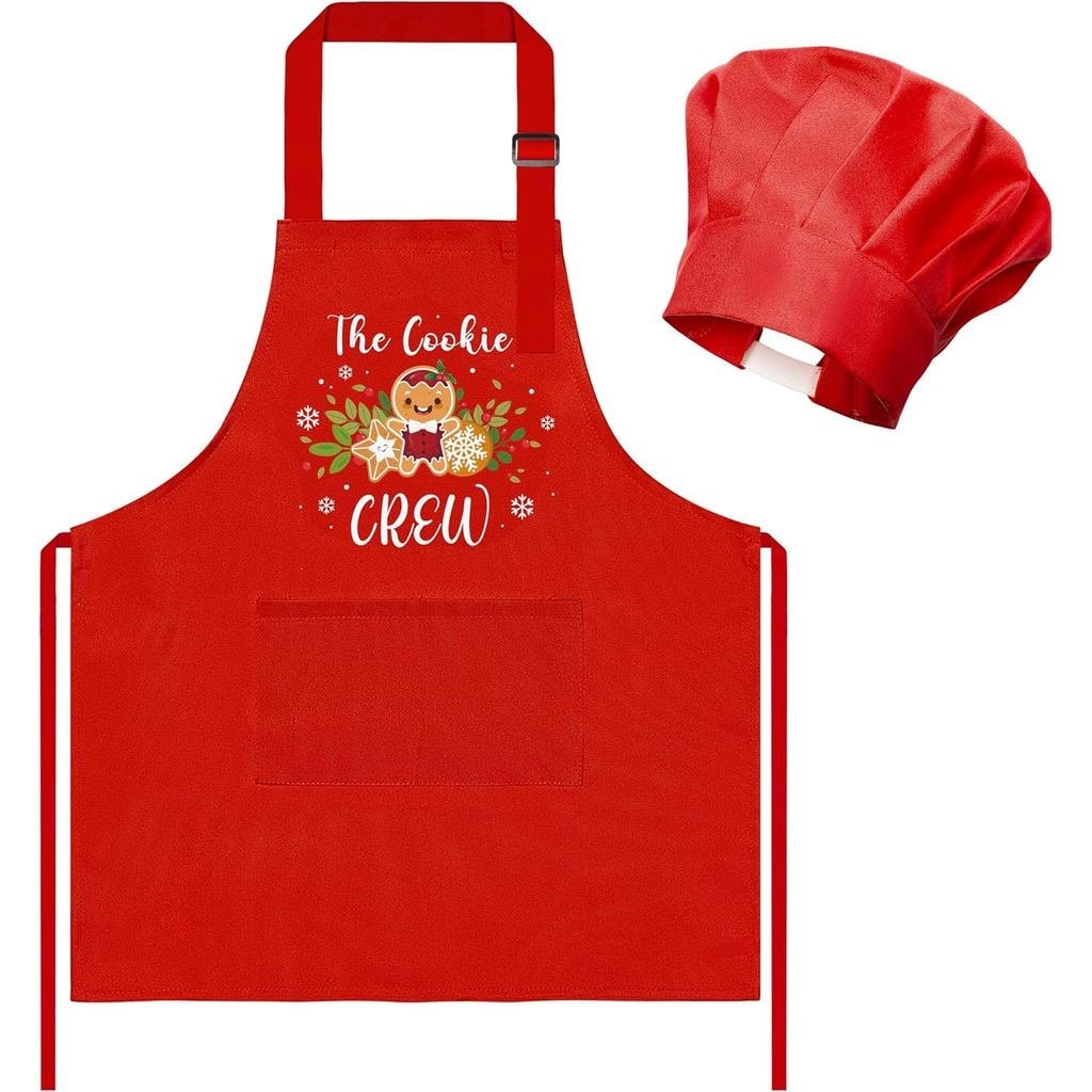 BWkoss Christmas Apron and Chef Hat for Kids - 2Pcs Red Adjustable Children Kitchen Apron with 2 Poc