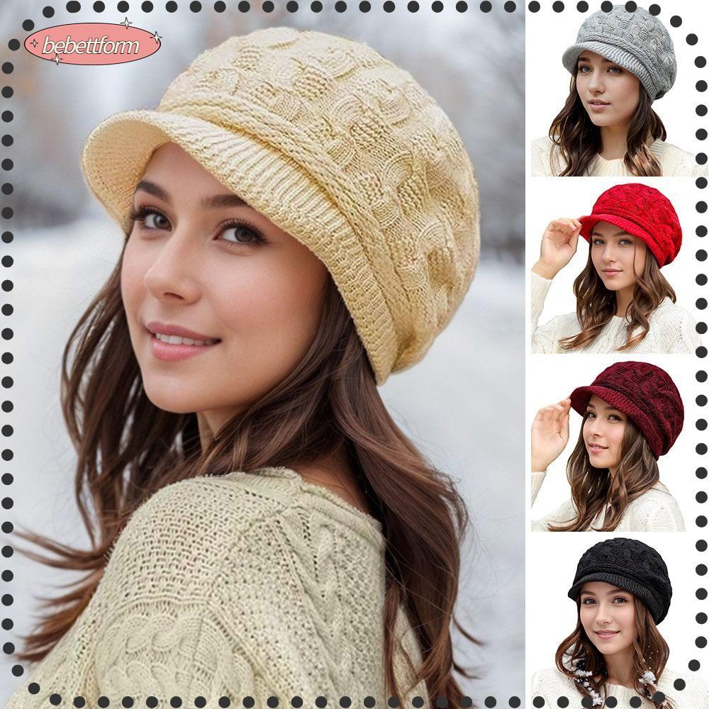 BEBETT หมวกไหมพรมถัก,หมวกเบเร่ต์ขนสัตว์ป้องกันหู,ลําลองหนาให้ความอบอุ่นหมวกลิ้นเป็ดกันลมสําหรับผู้หญิง