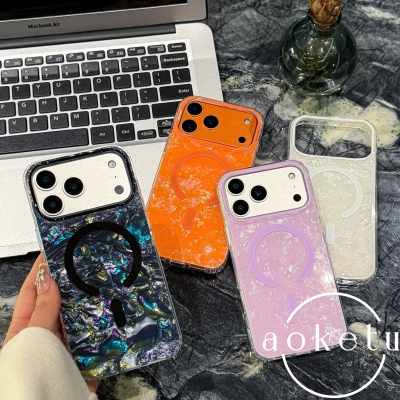 เคสโทรศัพท์แม่เหล็กลายเปลือกหอยสีทองหรูหราเหมาะสําหรับ ไอโฟน 15, 16, 17 มือโปร สูงสุด เคสป้องกันการตกแบบรวมทุกอย่างระดับไฮเอน