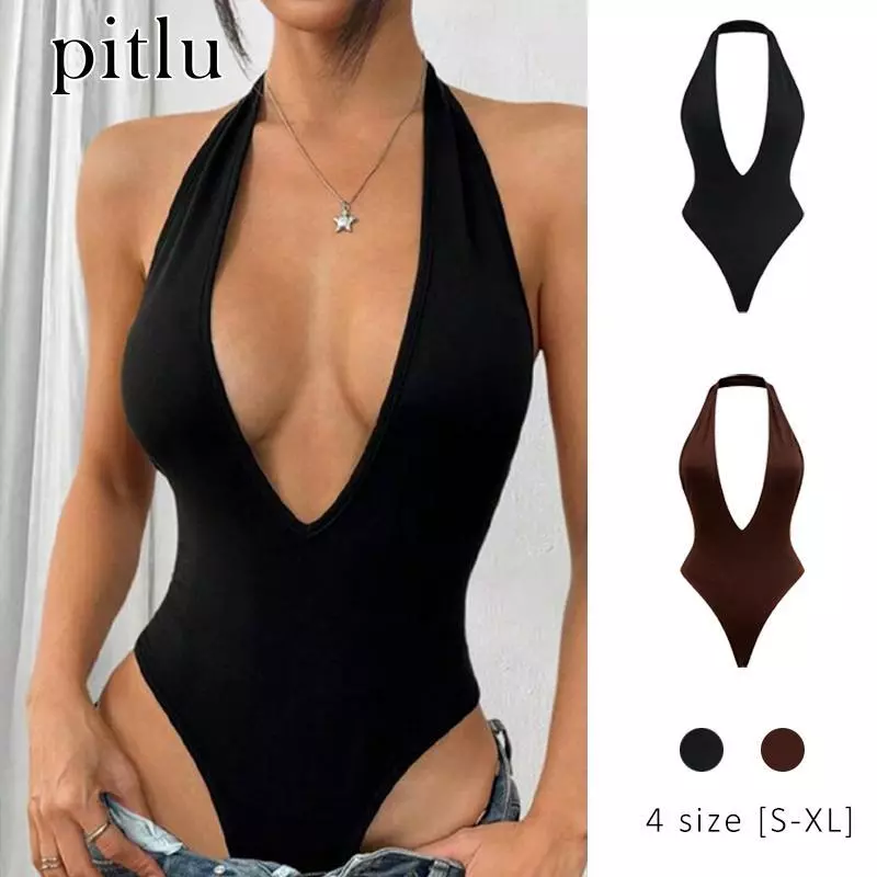 pitlu เสื้อโบดี้สูทฮอลเตอร์ สีดำ/น้ำตาล ขนาดS-XL เปิดหลังเซ็กซี่ ใส่สวย แฟชั่น