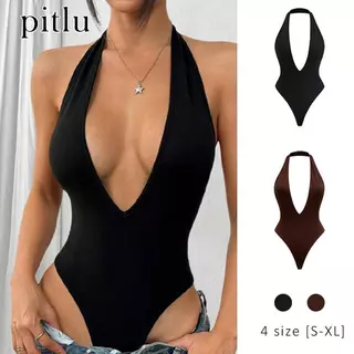 pitlu เสื้อโบดี้สูทฮอลเตอร์ สีดำ/น้ำตาล ขนาดS-XL เปิดหลังเซ็กซี่ ใส่สวย แฟชั่น