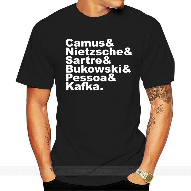 Fashion Men T Shirts Men Camus Nietzsche Sartre Bukowski Pessoa Kafka. White On Black Fitted Tee