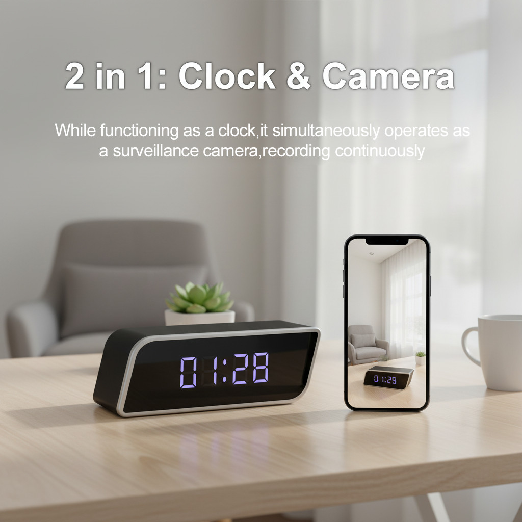 กล้องนาฬิกาปลุก 2-in-1: การแสดงเวลาและการบันทึกแบบเรียลไทม์ 1080P FHD การมองเห็นได้ในเวลากลางคืนแบบ HD แบตเตอรี่ยาวนาน