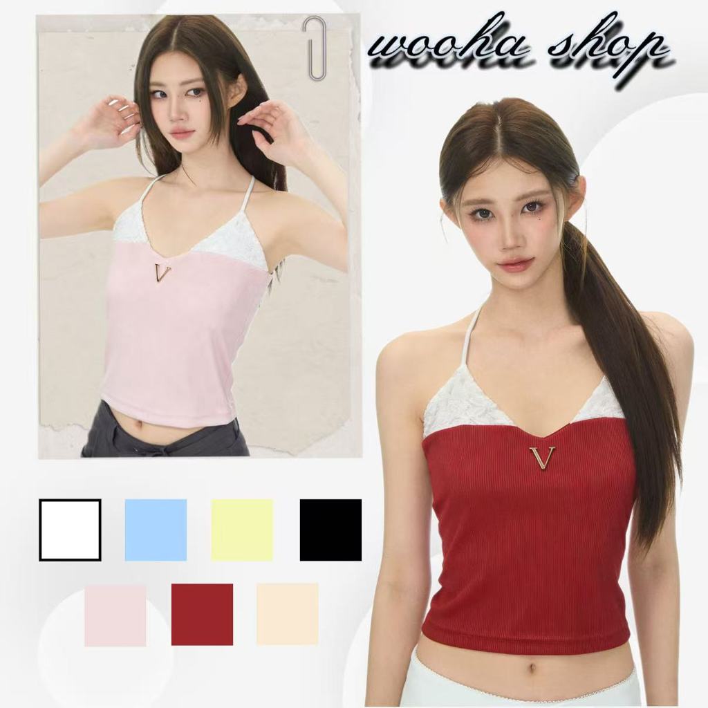 🥰wooha shop🥝เสื้อสายเดี่ยวผ้าถักคอวีทรงเข้ารูปสำหรับผู้หญิงฤดูร้อน ดีไซน์เก๋ไก๋ด้วยการตัดสีแบบต่างๆ พร้อมเชือกผูก