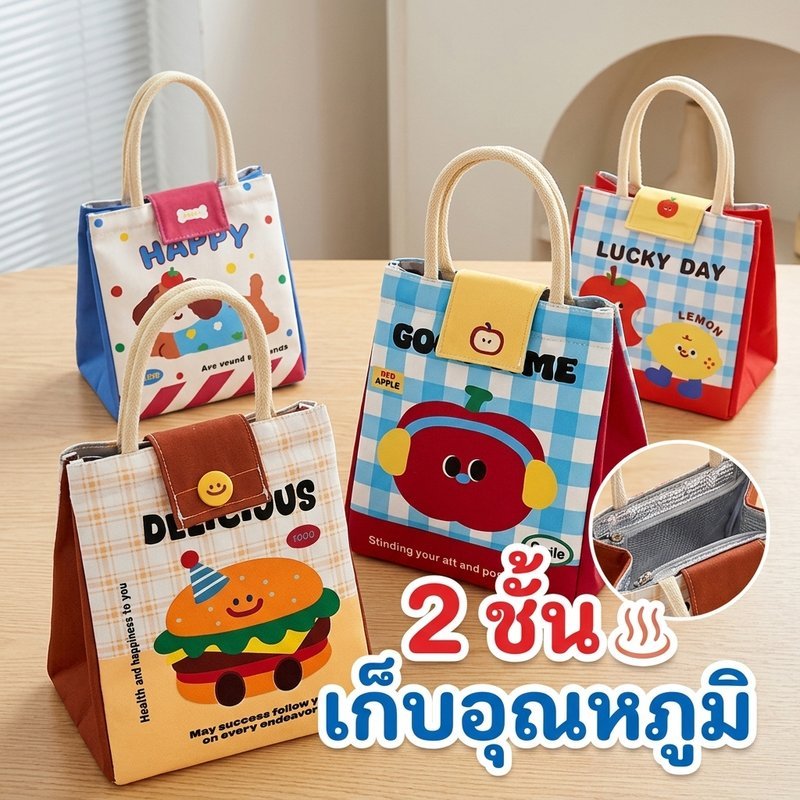 กระเป๋าใส่กล่องข้าว 2ชั้นเก็บอุณหภูมิ ลายการ์ตูนโดนใจทุกวัย ไซส์ใหญ่จุเยอะ เก็บอุณหภูมิได้นาน