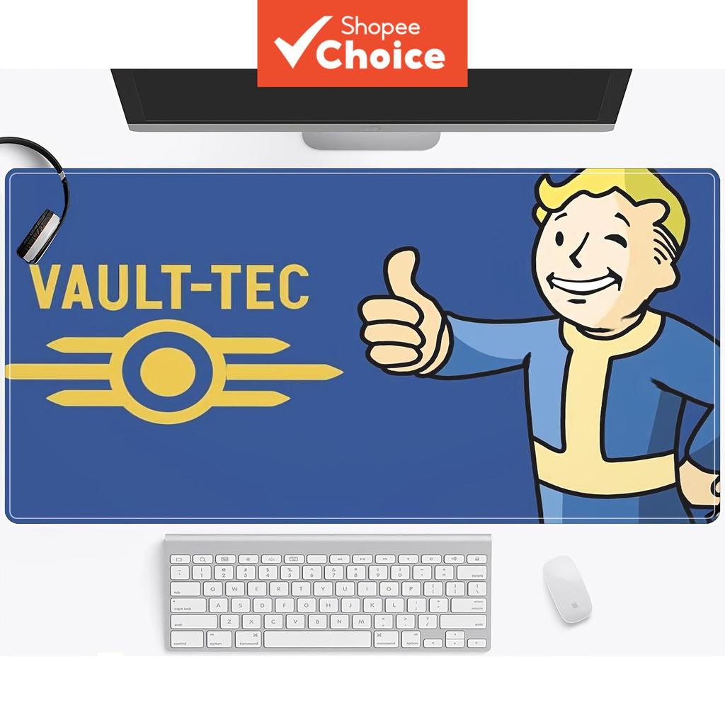  แผ่นรองเมาส์เกมมิ่งขนาดใหญ่ Fallout Wasteland Vault-Tec - แผ่นรองโต๊ะแบบเรียบลื่นพิเศษ ขอบเย็บกันรุ่ย ฐานยางกันลื่นสีน้ําเงินและสีเหลือง เหมาะสําหรับใช้งานในออฟฟิศและบ้าน