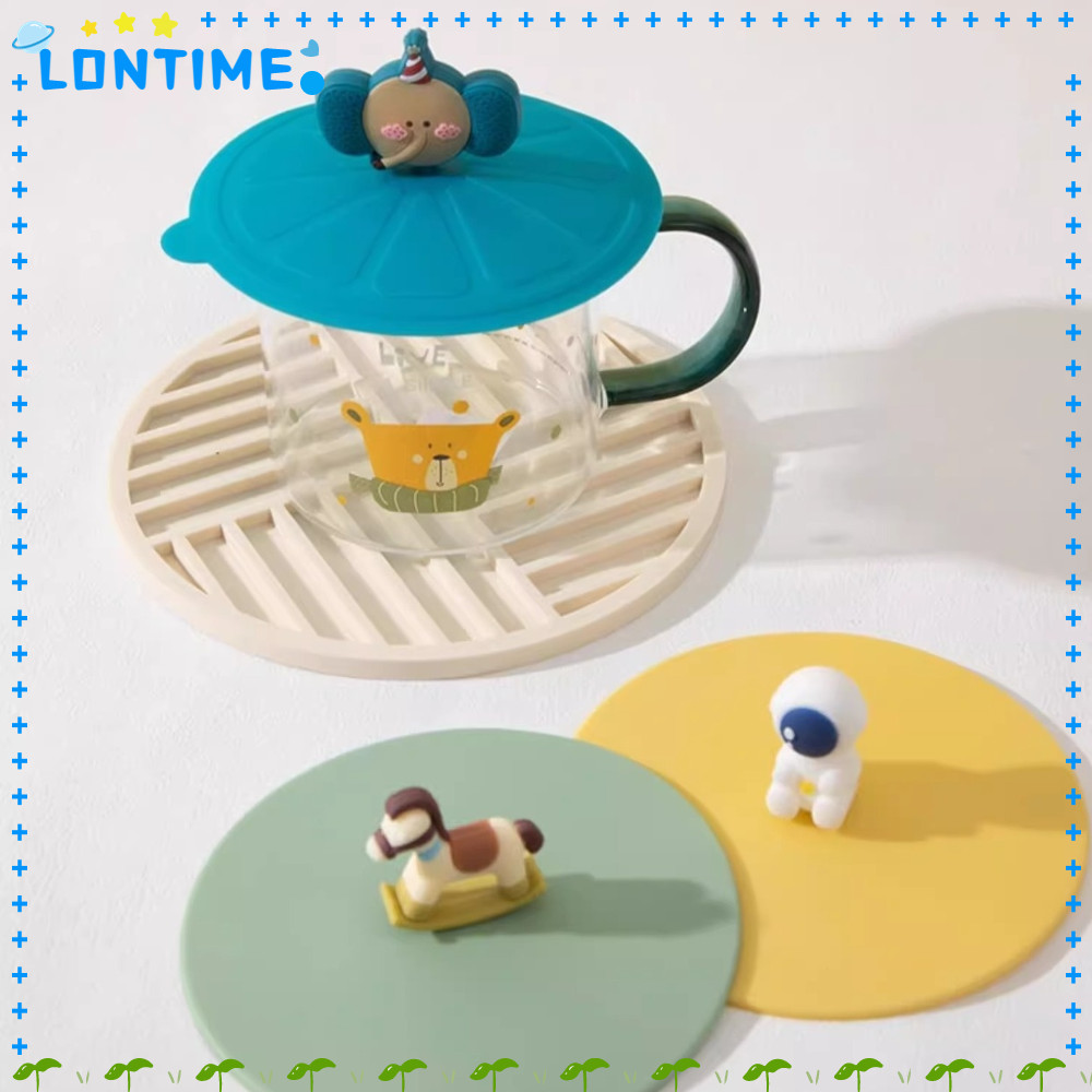 LONTIME ฝาครอบถ้วยแก้วซิลิโคน, ฝาปิดปิดผนึกป้องกันการรั่วทนความร้อน, การ์ตูนน่ารักนํากลับมาใช้ใหม่ได้สากลฝาครอบถ้วยดูดกาแฟ
