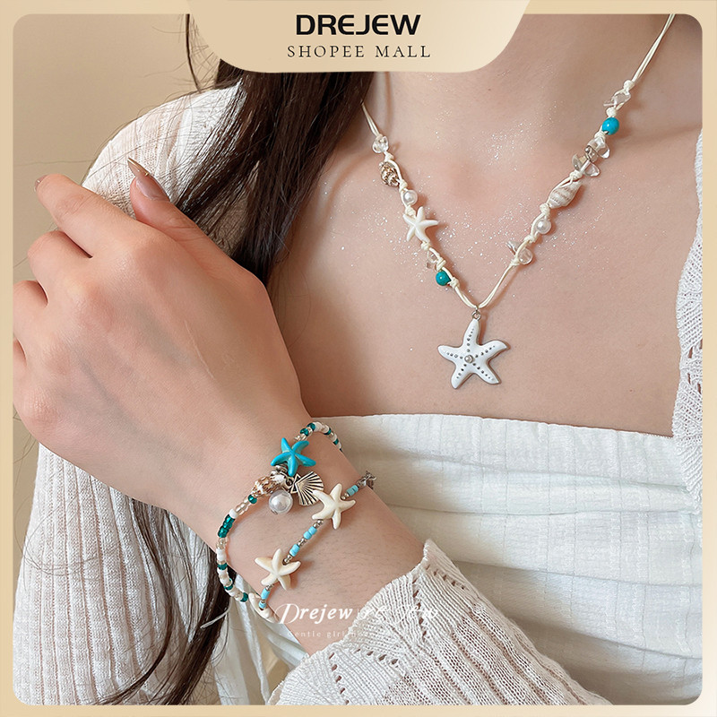 DREJEW ชุดสร้อยคอสร้อยข้อมือดาวทะเลสไตล์ทะเล | น่ารักเหมาะสำหรับท่องเที่ยวใส่ทุกวัน