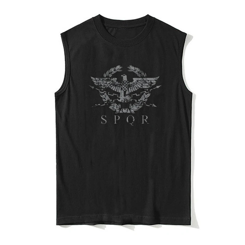 เสื้อกล้ามวินเทจลาย SPQR สัญลักษณ์จักรวรรดิโรมัน ผ้าฝ้าย 100% คอโอเวอร์ แขนกุด ลำลองสำหรับผู้ชาย เสื
