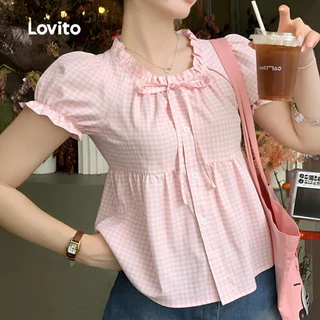 Lovito แคชชวล เสื้อเบลาส์น่ารักผูกหน้า ใส่สบาย เรียบง่าย สไตล์ฤดูใบไม้ผลิ/ฤดูร้อน สีชมพู สําหรับผู้หญิง เกาหลี อินเทรนด์ L185AD673