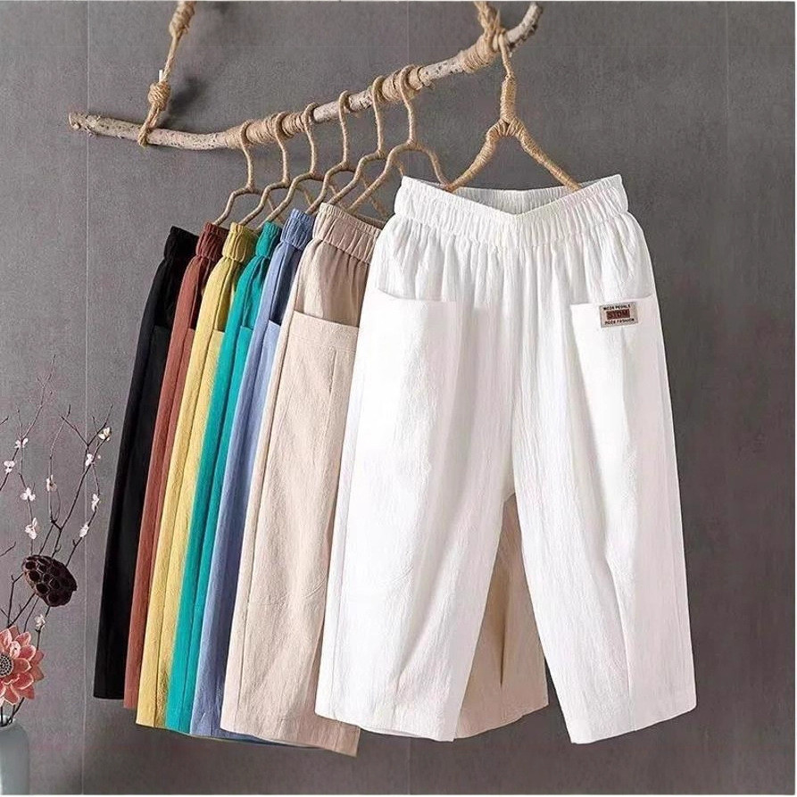 < พร้อมสต็อก คําสั่ง > M-4XL ผ้าฝ้ายผ้าลินินตัดกางเกงผู้หญิงฤดูร้อนหลวมขนาดใหญ่ผ้าลินินเอวยางยืดผอมฮาเร็มกางเกงทุกการแข่งขันกางเกงลําลองกว้างกางเกงเอวสูงตรงสาวสบายๆตัดกางเกงเ