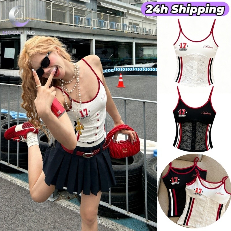 Moon 'พร้อมส่ง' เสื้อสายเดี่ยว ดีเทลลูกไม้แต่งกระดุม ปักเลขเก๋ๆ เข้ารูปผ้านุ่มสบาย FY10185
