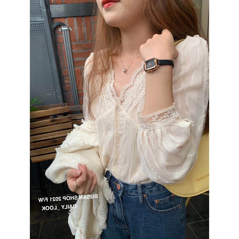 PBB2895 เสื้อเชิ้ตลูกไม้แขนยาวคอวีผู้หญิงเรียบง่าย มีไซส์สาวอวบ เสื้อแฟชั่นเกาหลีสุดน่ารัก แมชง่ายกับทุกลุค 2XL (อก40)