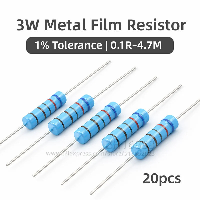 20pcs 3W Precision Metal Film Resistors 1% 3W 10 47 100 200 220 470 510 Ohm 1K 22K 4.7K 10K 47K 100k