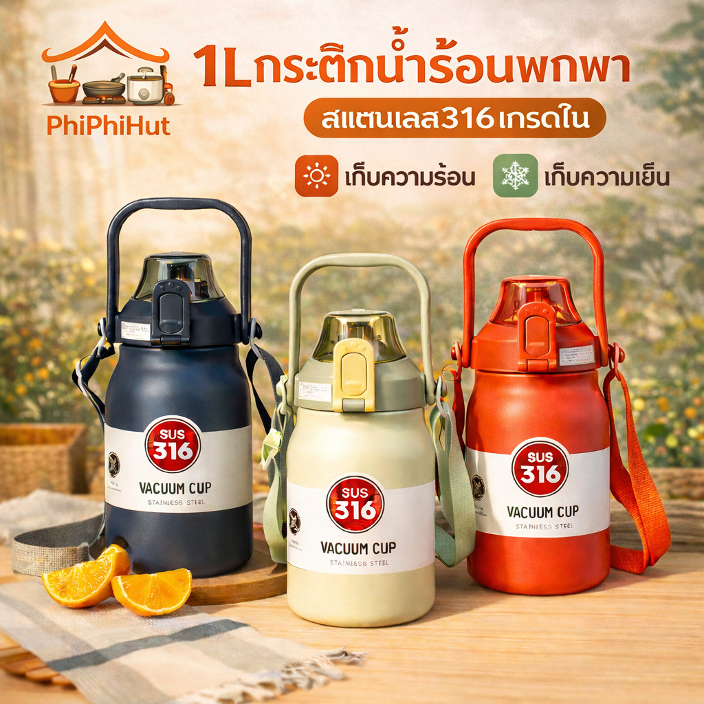 PPH กระติกน้ำร้อนพกพา กระบอกน้ำเก็บอุณหภูมิ กระติกน้ำสแตนเลสเกรด 316 เก็บอุณหภูมิ 1L