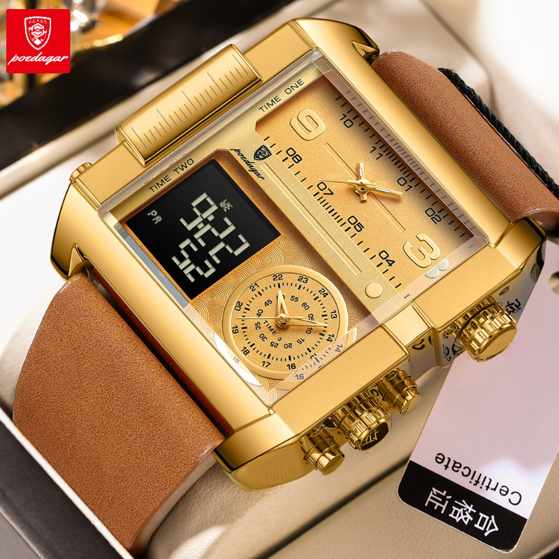 POEDAGAR นาฬิกาข้อมือผู้ชาย Square Digital-Analog กันน้ําแฟชั่นนาฬิกาควอทซ์ลําลองสําหรับผู้ชาย