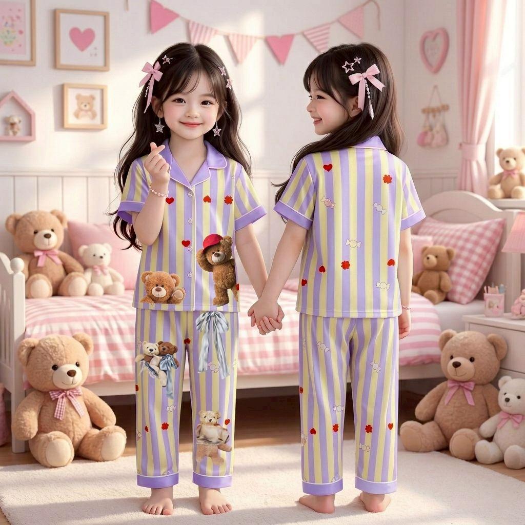 ชุดนอนเด็กแขนสั้นขายาว ลายหมี คอปก กระดุมหน้า สีสันสดใส ผ้าคอตตอนผสม