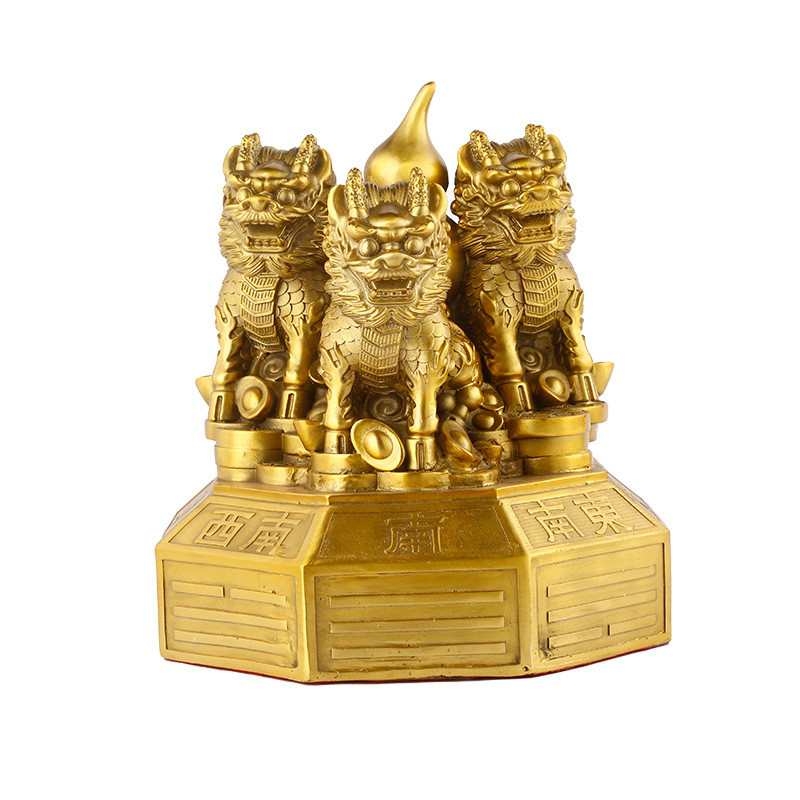 ทองเหลืองสามไฟ Qilin รูปปั้นพร้อมฐาน Bagua, Feng Shui Treasure Gathering Kylin ประติมากรรม, Qilin Ar