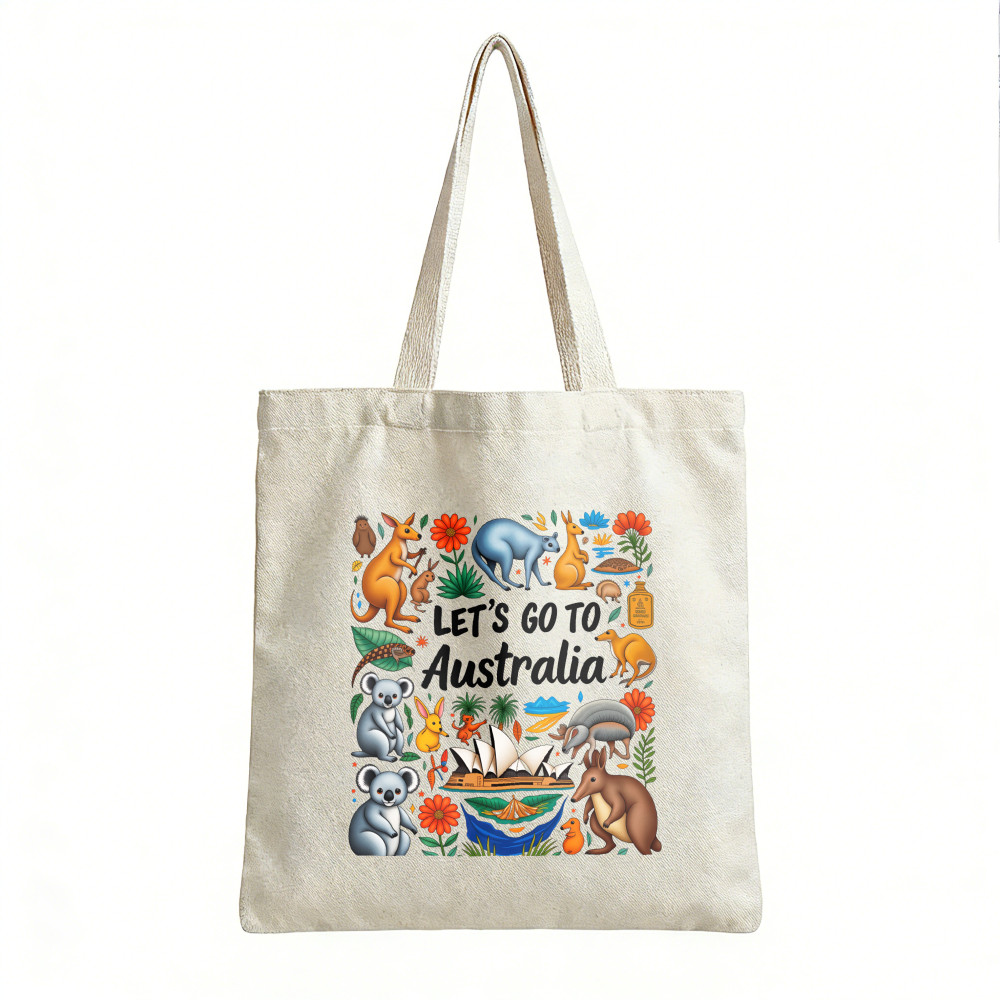 กระเป๋าโท้ตผ้าแคนวาสธีมออสเตรเลีย Koala Kangaroo Sydney Opera House Print นํากลับมาใช้ใหม่ได้