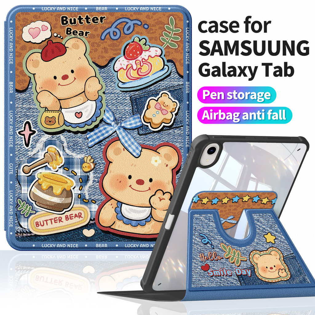 เคสทนต่อการสึกหรอสําหรับ Samsung Tab S9 FE+ Plus 12.4" | Tab S10 FE+ 13.1" หนังเทียมน่ารักเรียบง่าย | ขาตั้ง360 | Tab S9 FE 10.9" Tab A9+ 360° ก1262牛仔黄