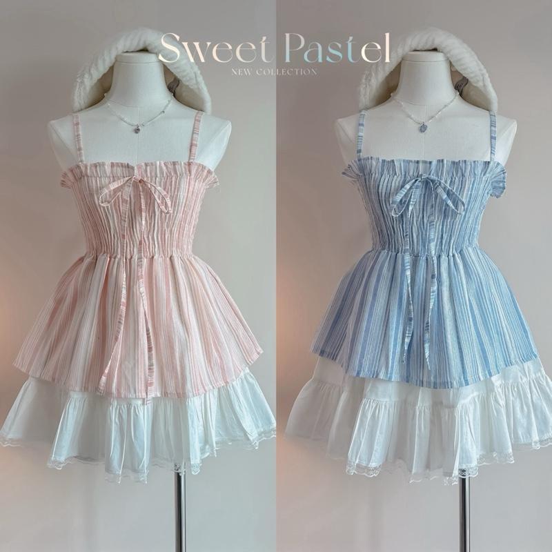 Sweet pastel มินิเดรสสายเดี่ยว ลายริ้ว แต่งลูกไม้